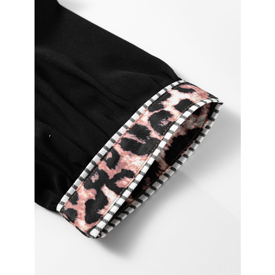 Leopard Trim Puff Sleeve Blouse Apparel and Accessories