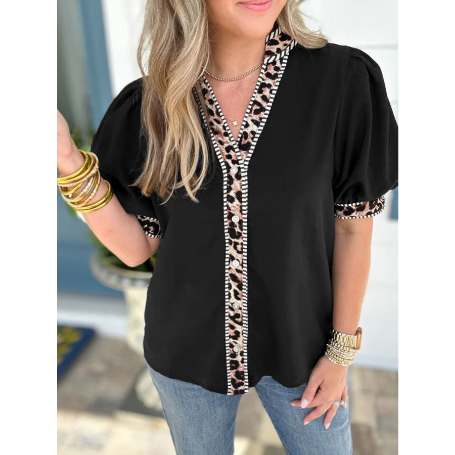 Leopard Trim Puff Sleeve Blouse Apparel and Accessories