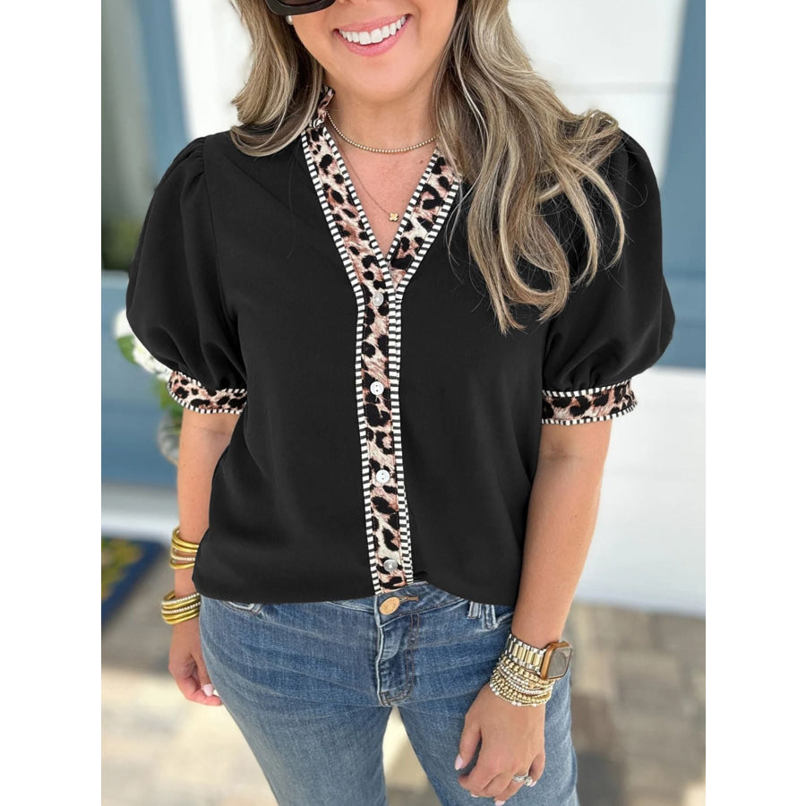 Leopard Trim Puff Sleeve Blouse Black / S Apparel and Accessories