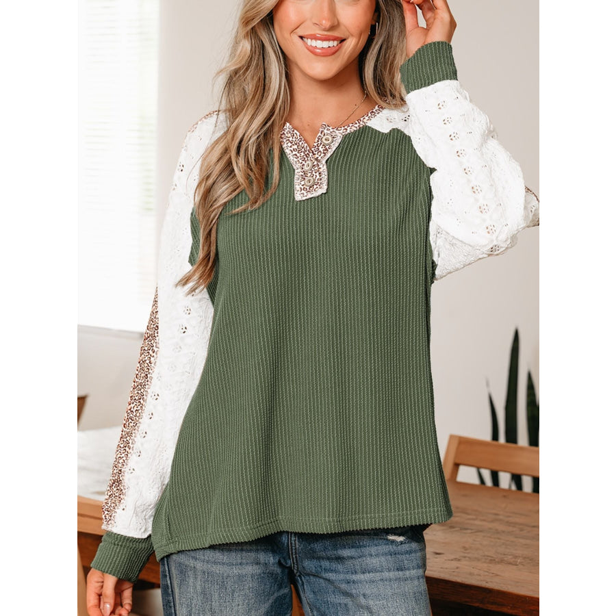 Leopard Trim Raglan Sleeve Top Dark Green / S Apparel and Accessories