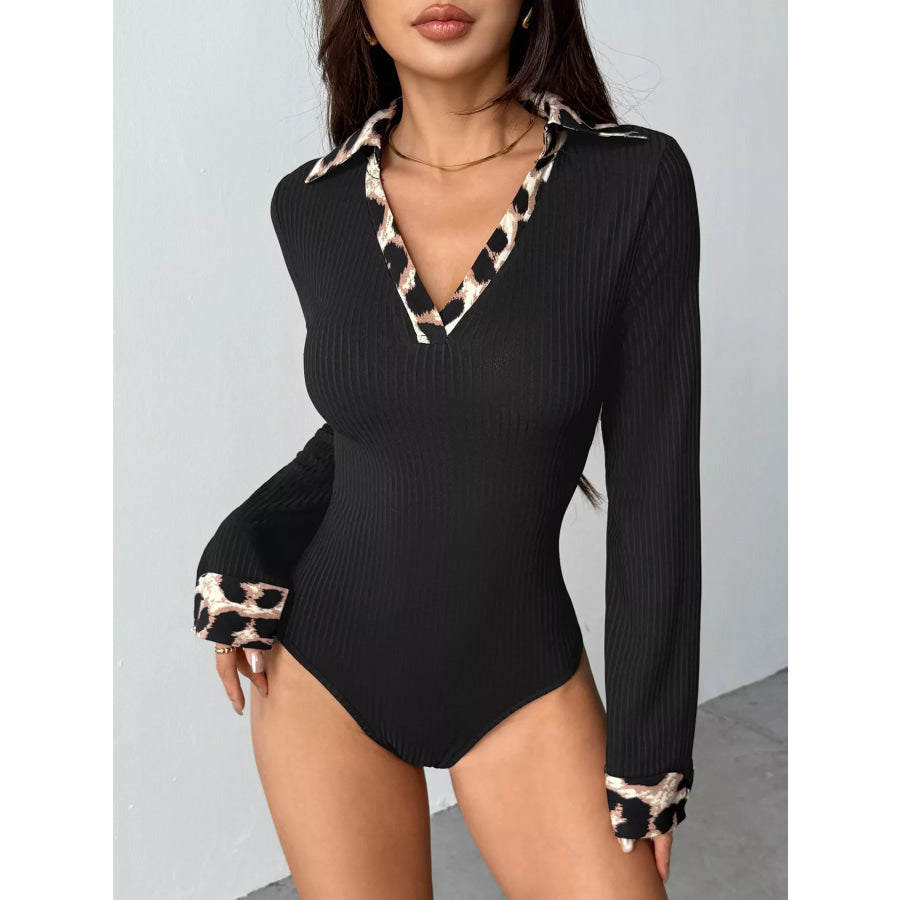 Leopard Trim Ribbed Knit Bodysuit Apparel and Accessories