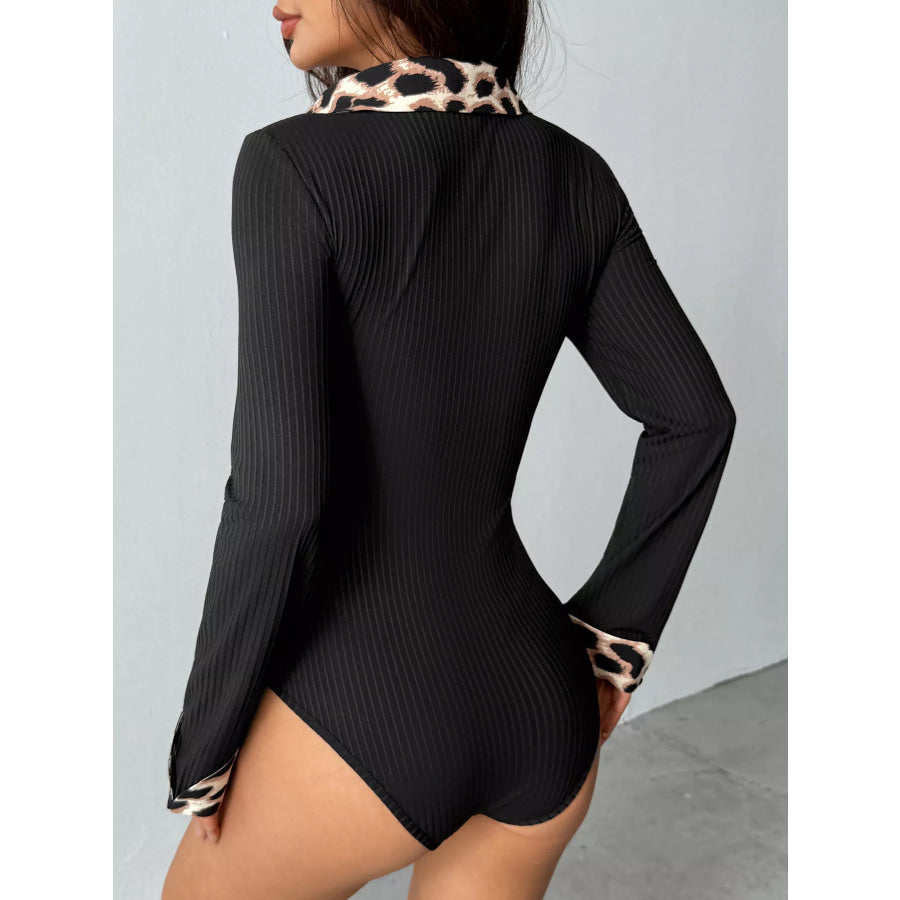 Leopard Trim Ribbed Knit Bodysuit Apparel and Accessories