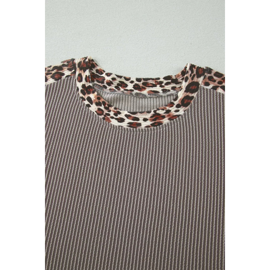 Leopard Trim Ribbed Knit Tee and Shorts Set Apparel and Accessories