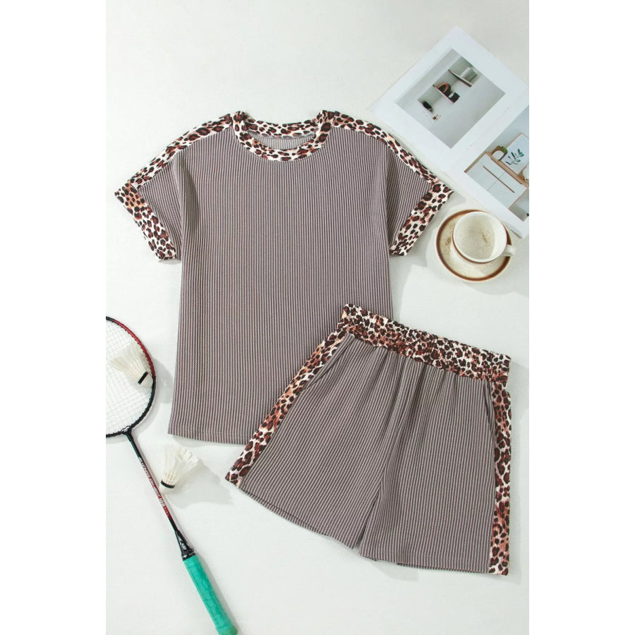 Leopard Trim Ribbed Knit Tee and Shorts Set Apparel and Accessories