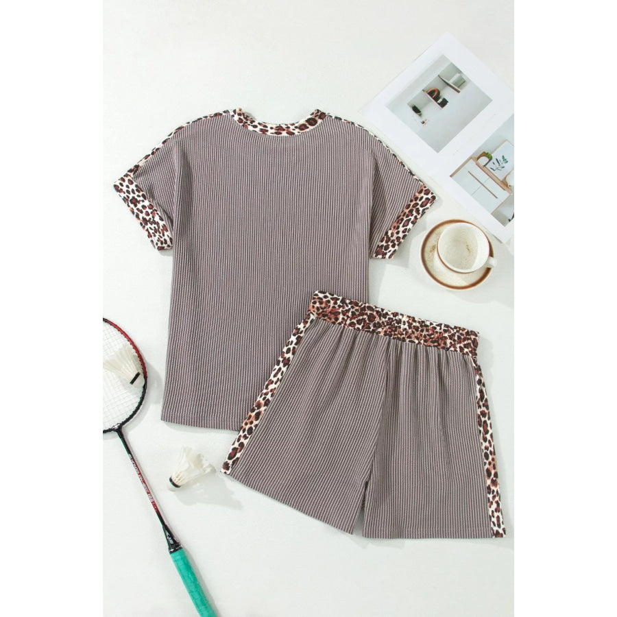 Leopard Trim Ribbed Knit Tee and Shorts Set Apparel and Accessories