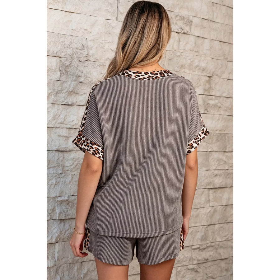 Leopard Trim Ribbed Knit Tee and Shorts Set Taupe / S Apparel and Accessories