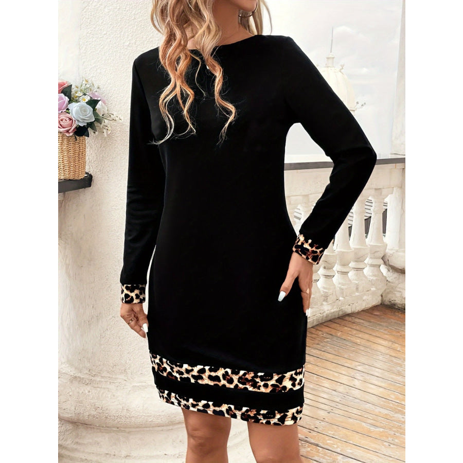 Leopard Trim Round Neck Long Sleeve Mini Dress Apparel and Accessories