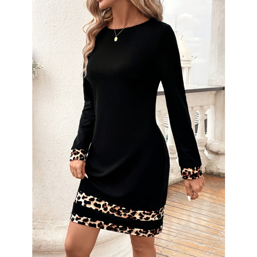 Leopard Trim Round Neck Long Sleeve Mini Dress Apparel and Accessories