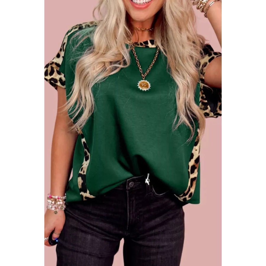 Leopard Trim Short Sleeve Relaxed Fit T-Shirt Apparel and Accessories