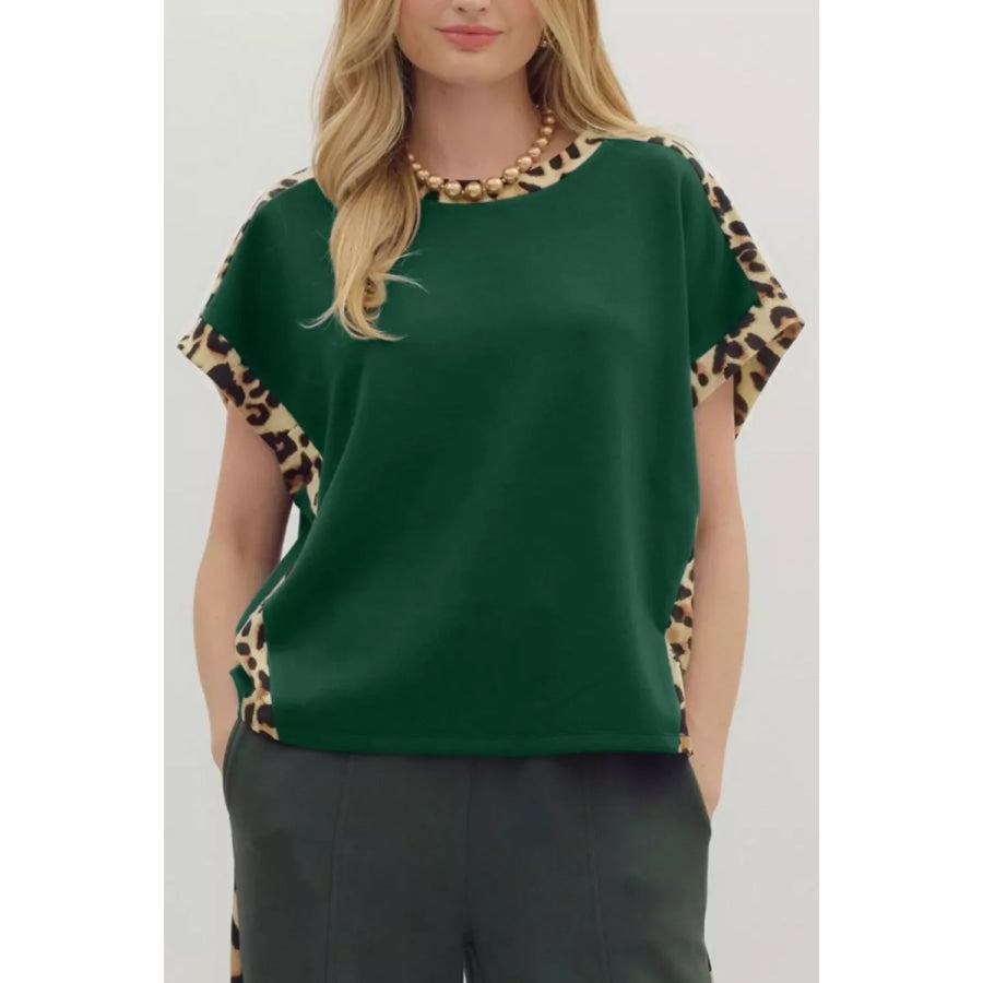 Leopard Trim Short Sleeve Relaxed Fit T-Shirt Dark Green / S Apparel and Accessories