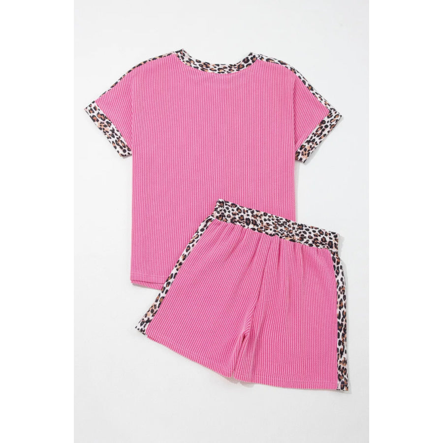 Leopard Trim Twist Ribbed Top and Shorts Set Apparel and Accessories