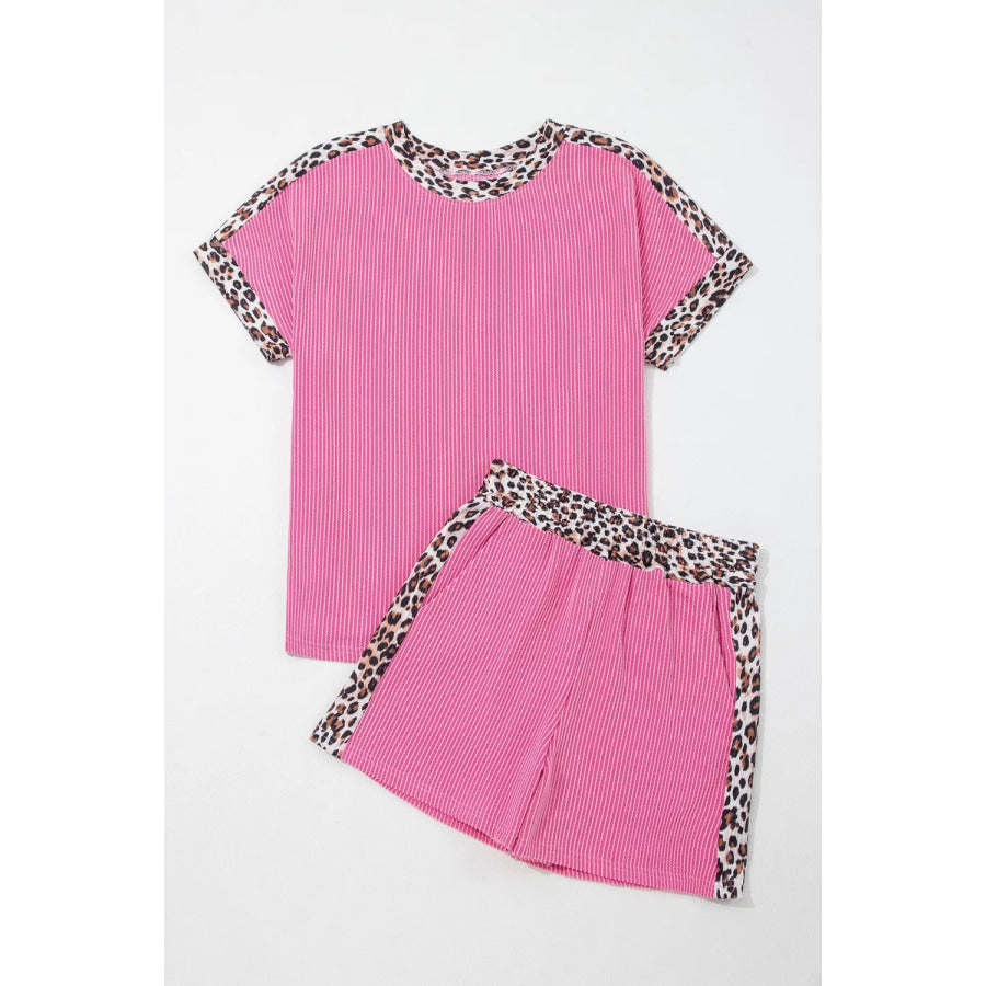 Leopard Trim Twist Ribbed Top and Shorts Set Apparel and Accessories