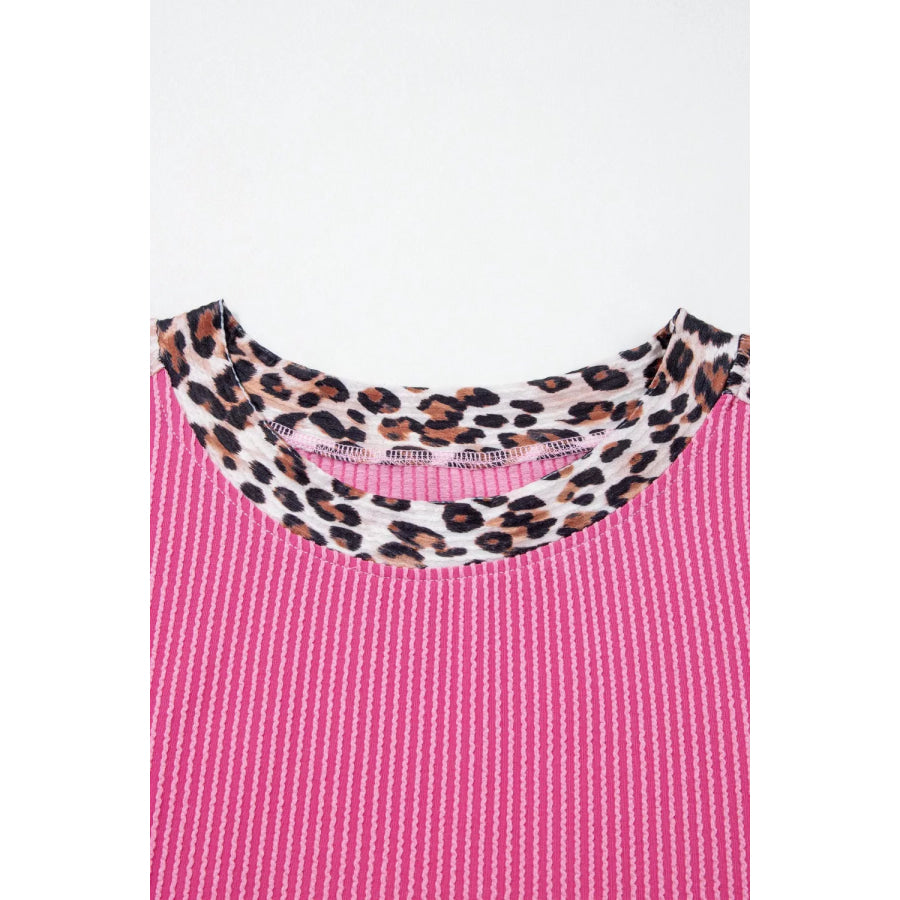 Leopard Trim Twist Ribbed Top and Shorts Set Apparel and Accessories