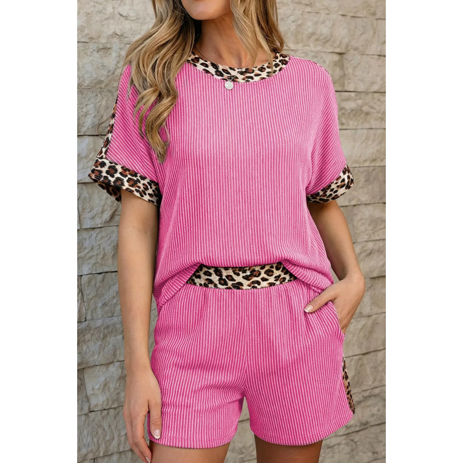 Leopard Trim Twist Ribbed Top and Shorts Set Fuchsia Pink / S Apparel and Accessories