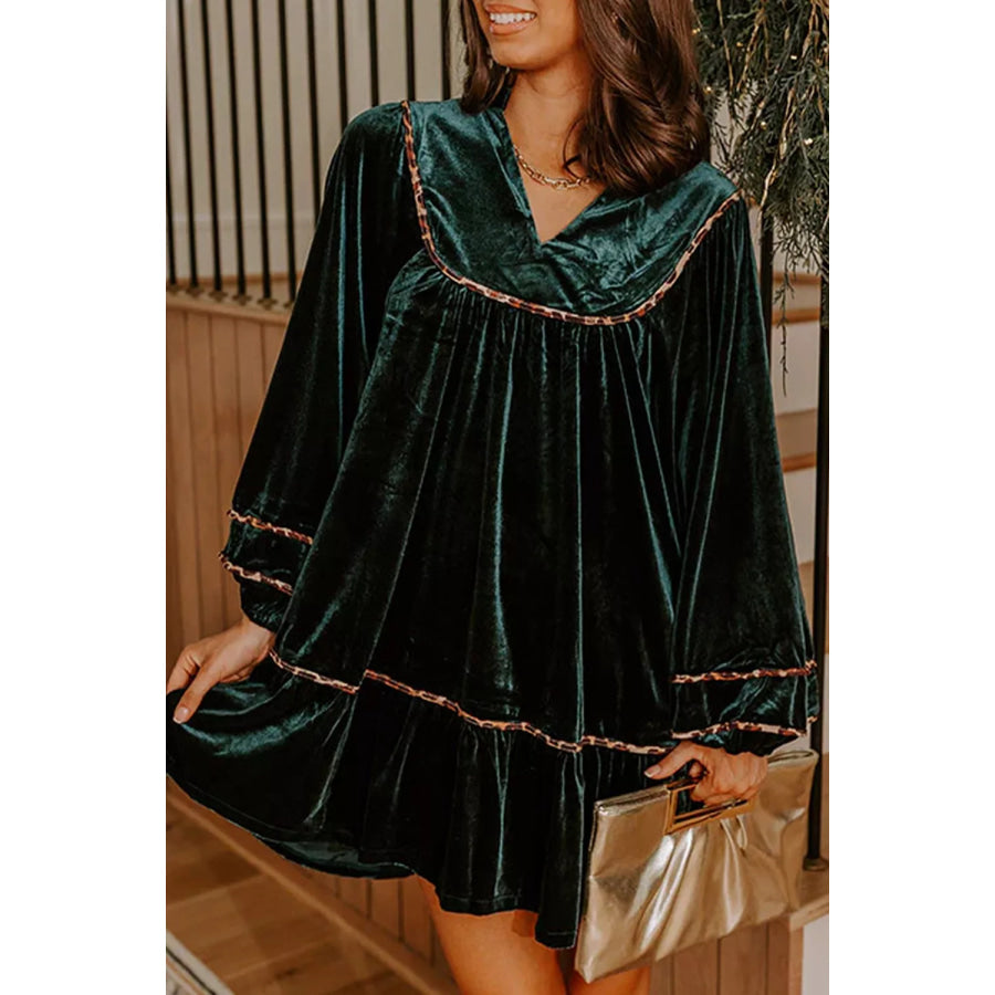 Leopard Trim Velvet Long Sleeve Shift Dress Apparel and Accessories