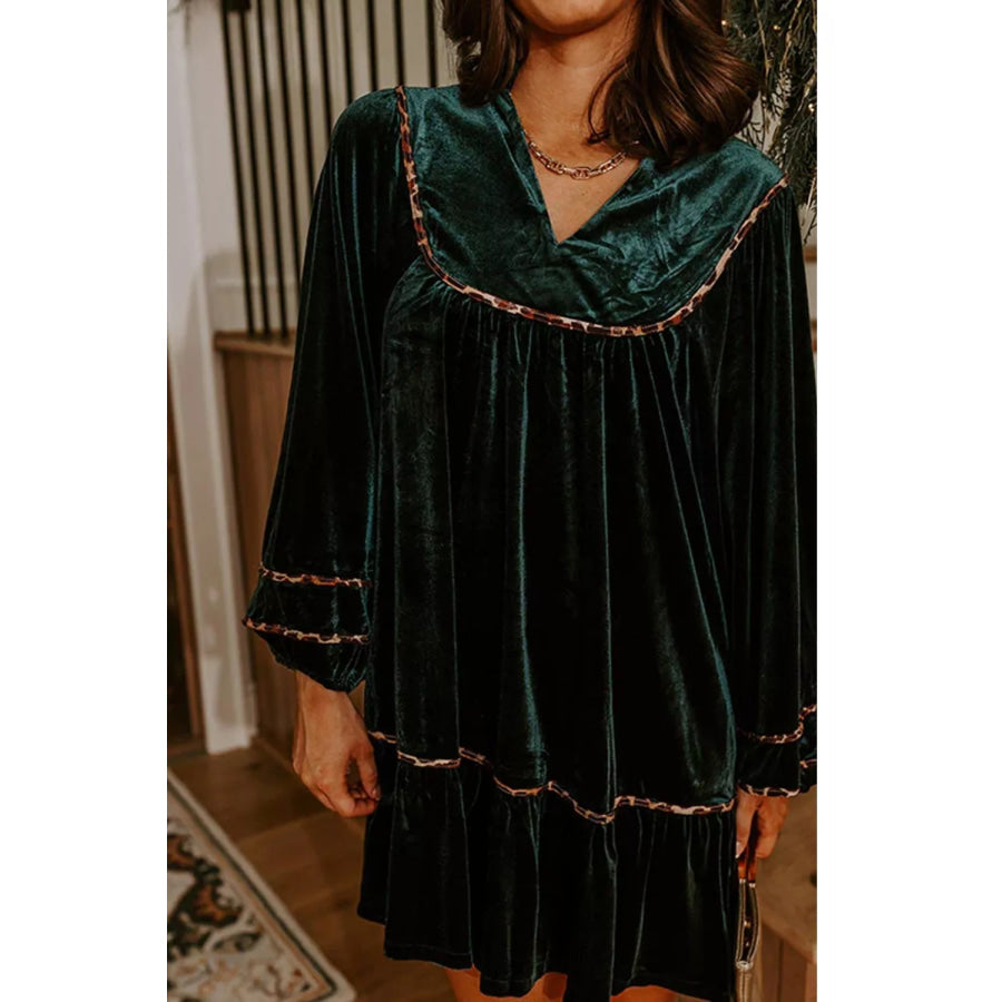 Leopard Trim Velvet Long Sleeve Shift Dress Apparel and Accessories