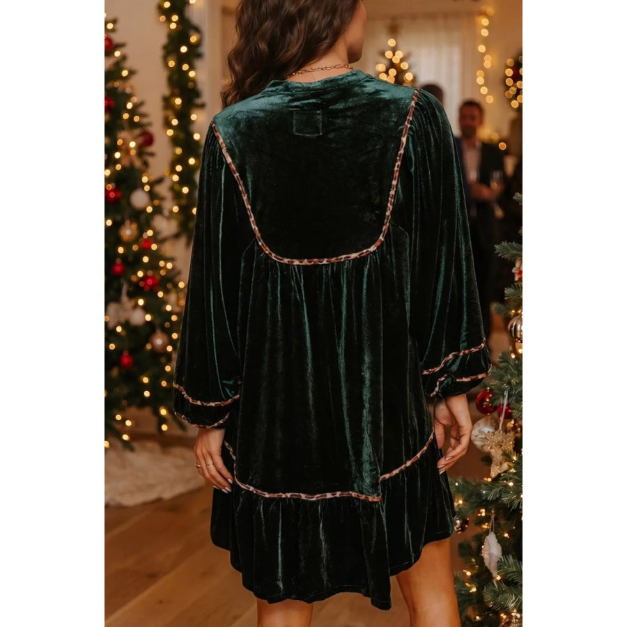 Leopard Trim Velvet Long Sleeve Shift Dress Apparel and Accessories