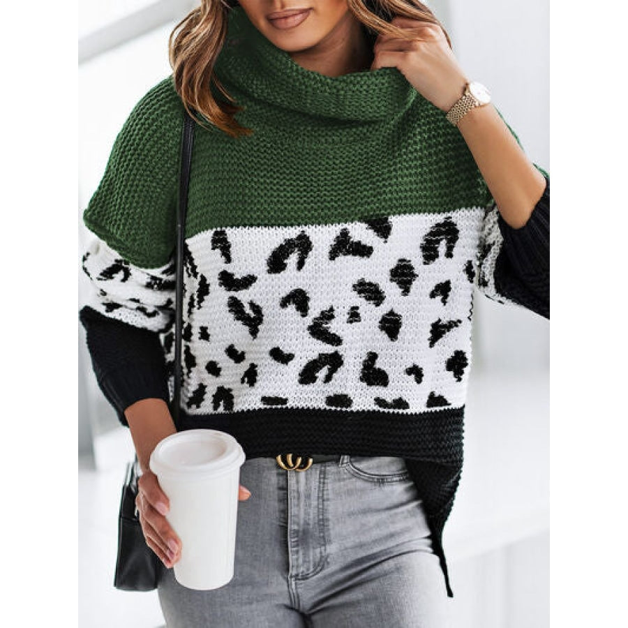 Leopard Turtleneck Dropped Shoulder Sweater Green / S Apparel and Accessories