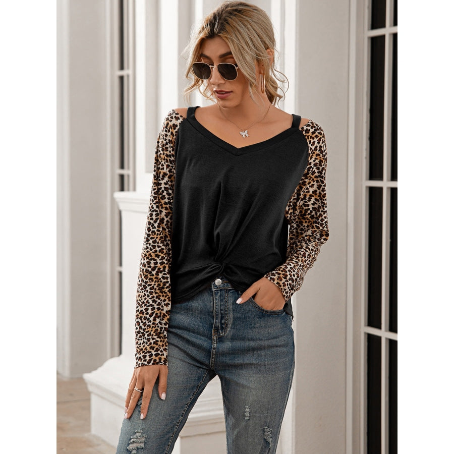 Leopard Twist Front Cold-Shoulder Tee Black / S