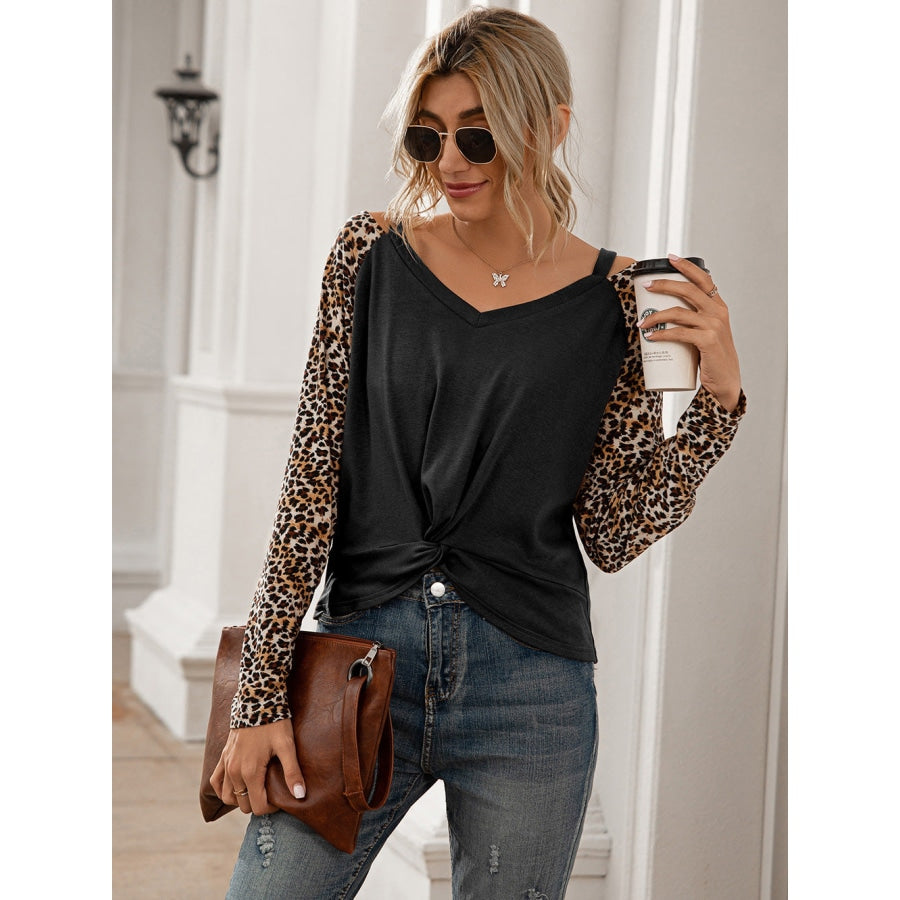 Leopard Twist Front Cold-Shoulder Tee Black / S