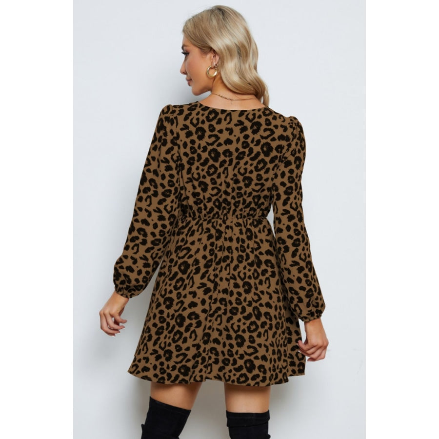 Leopard V-Neck Balloon Sleeve Dress