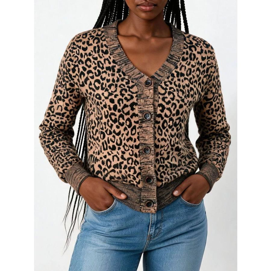 Leopard V-Neck Button-Down Cardigan Camel Color / S Apparel and Accessories