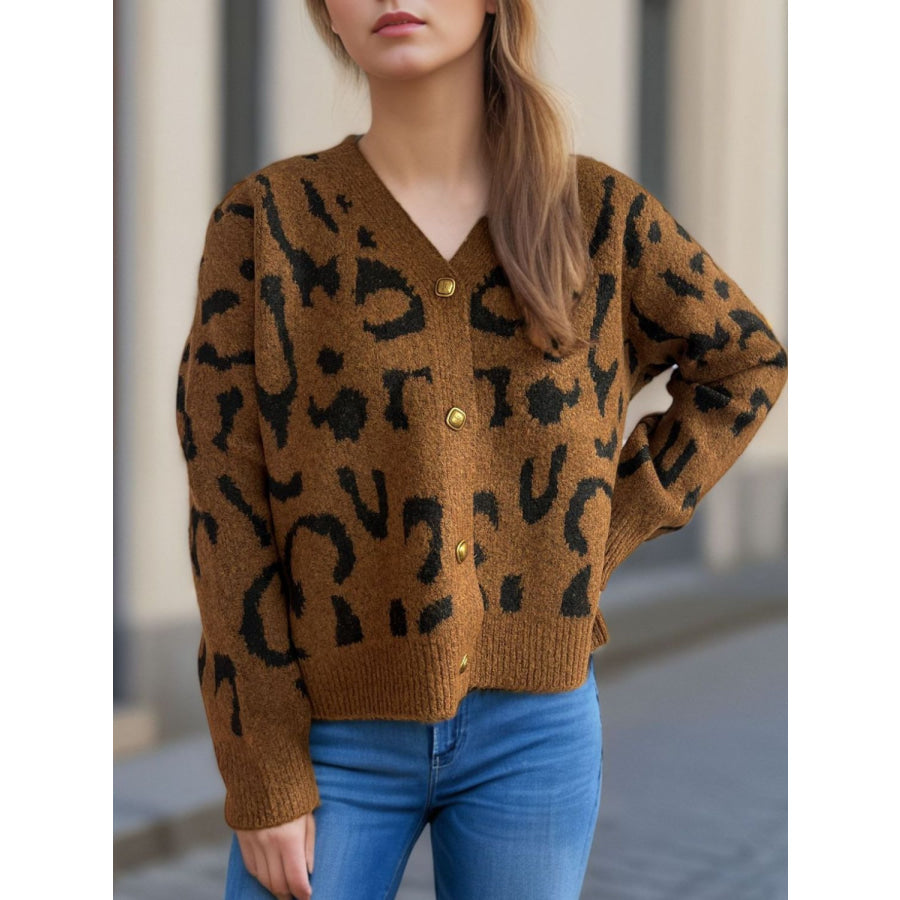 Leopard V-Neck Button Up Cardigan Apparel and Accessories