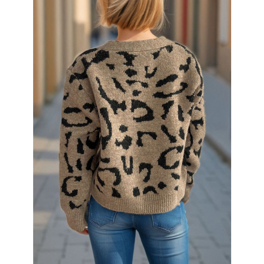 Leopard V-Neck Button Up Cardigan Apparel and Accessories