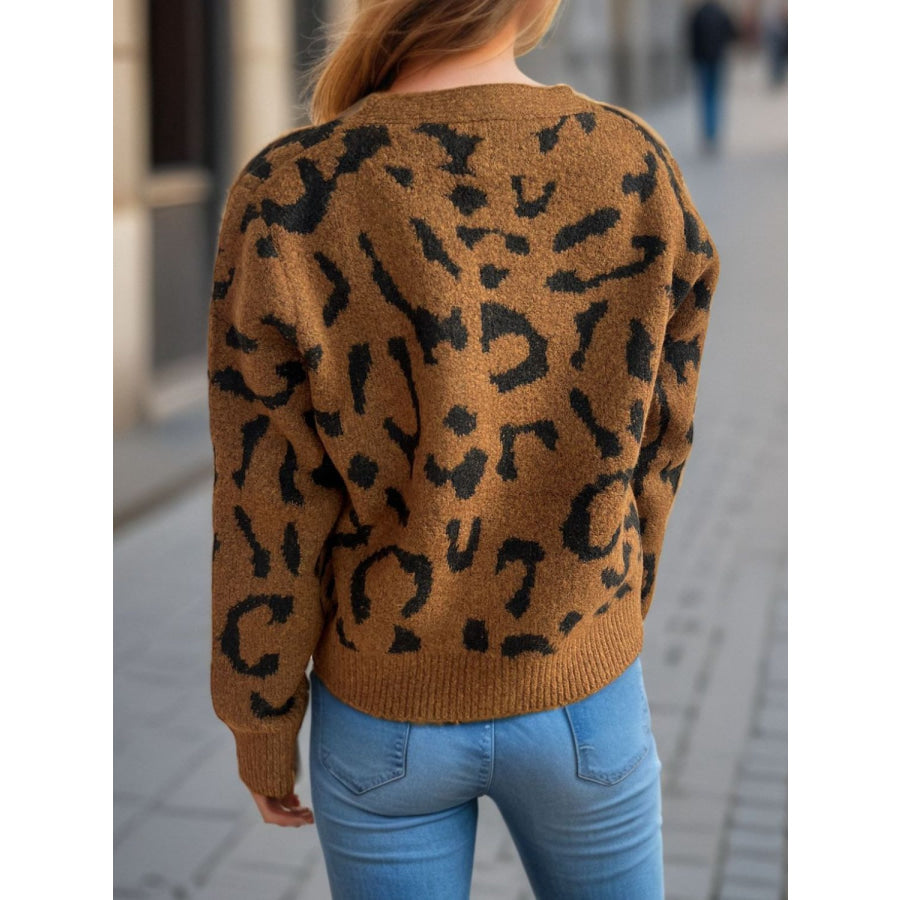 Leopard V-Neck Button Up Cardigan Apparel and Accessories