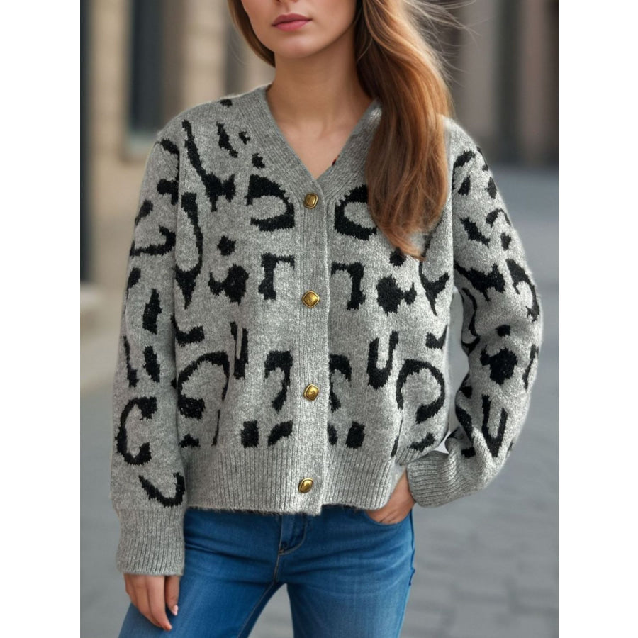 Leopard V-Neck Button Up Cardigan Gray / One Size Apparel and Accessories