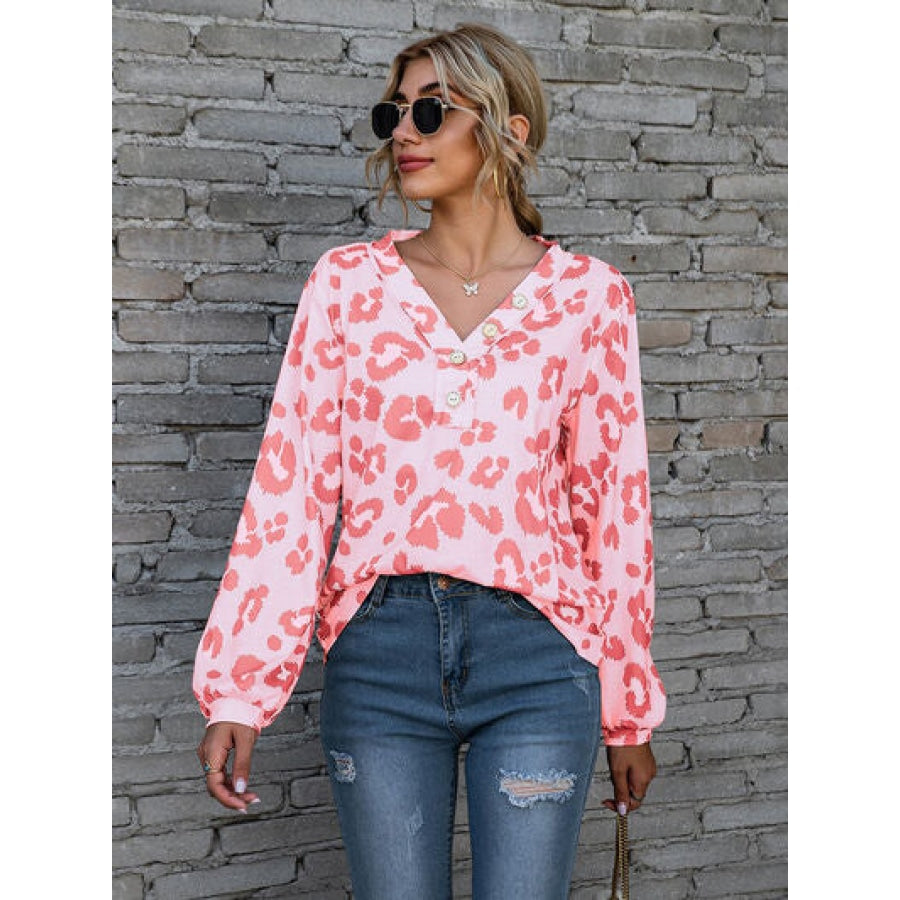 Leopard V-Neck Decorative Button Long Sleeve Blouse Carnation Pink / S Clothing