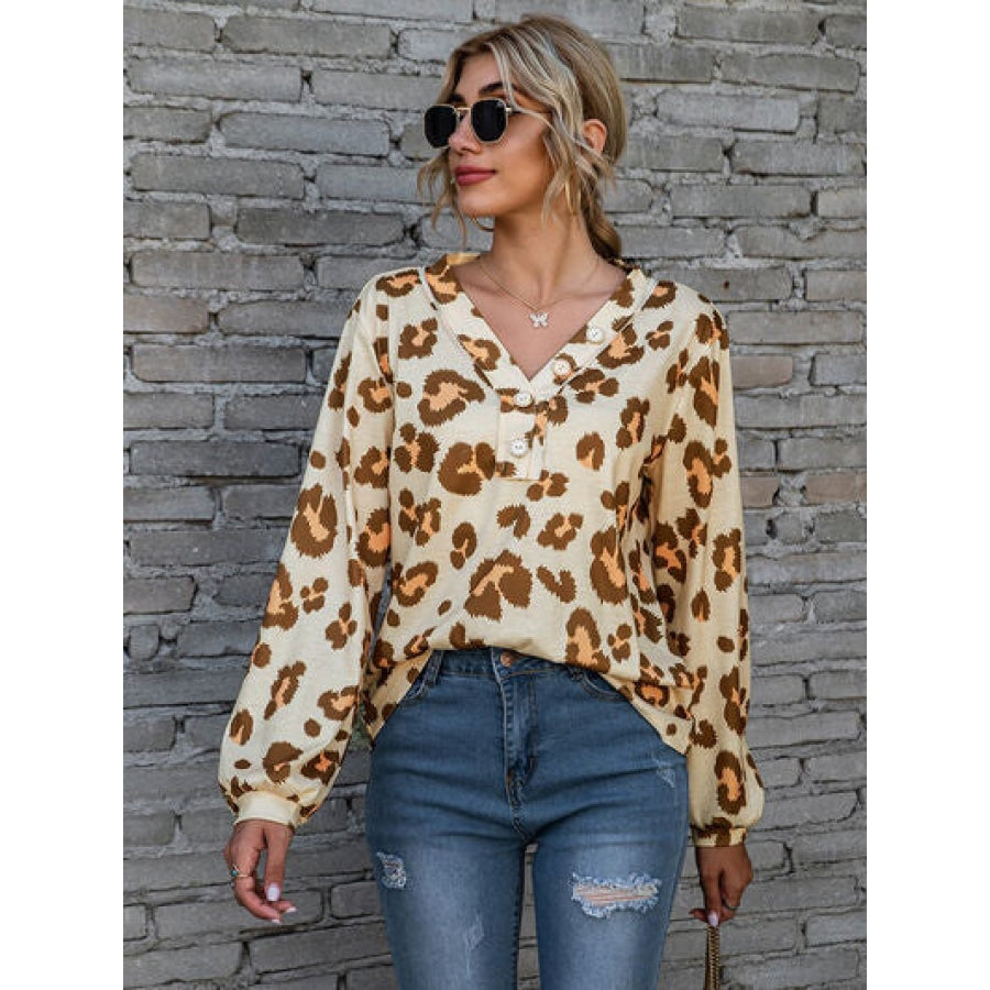 Leopard V-Neck Decorative Button Long Sleeve Blouse Chestnut / S Clothing