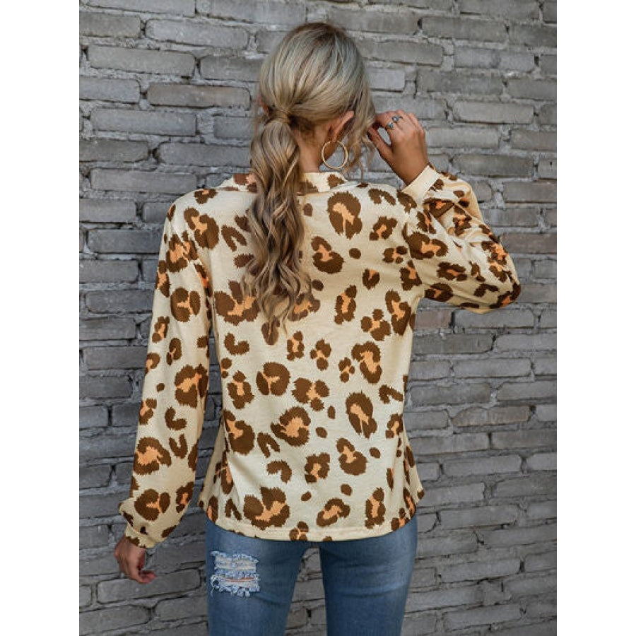 Leopard V-Neck Decorative Button Long Sleeve Blouse Clothing