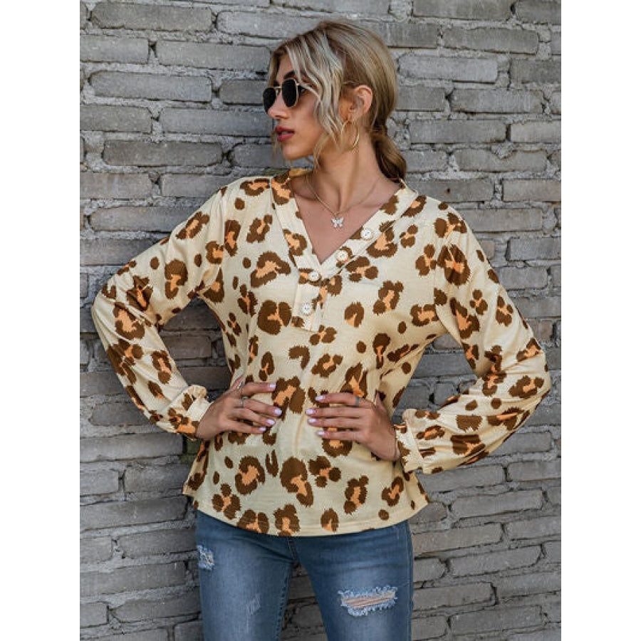 Leopard V-Neck Decorative Button Long Sleeve Blouse Clothing