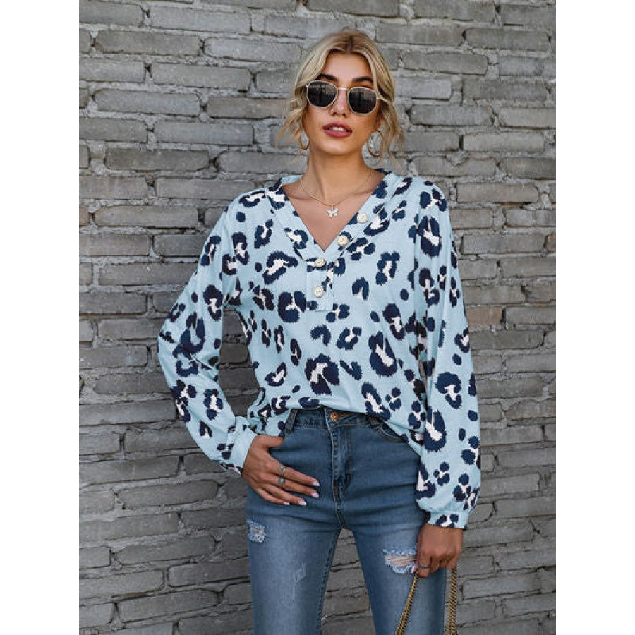 Leopard V-Neck Decorative Button Long Sleeve Blouse Clothing