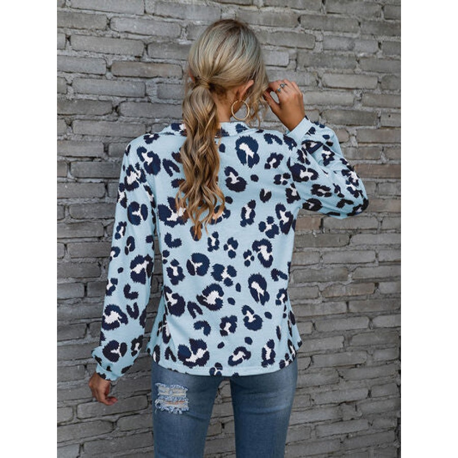 Leopard V-Neck Decorative Button Long Sleeve Blouse Clothing