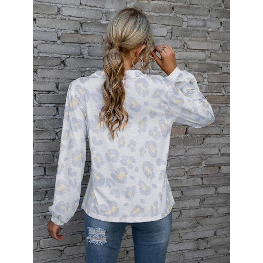 Leopard V-Neck Decorative Button Long Sleeve Blouse Clothing