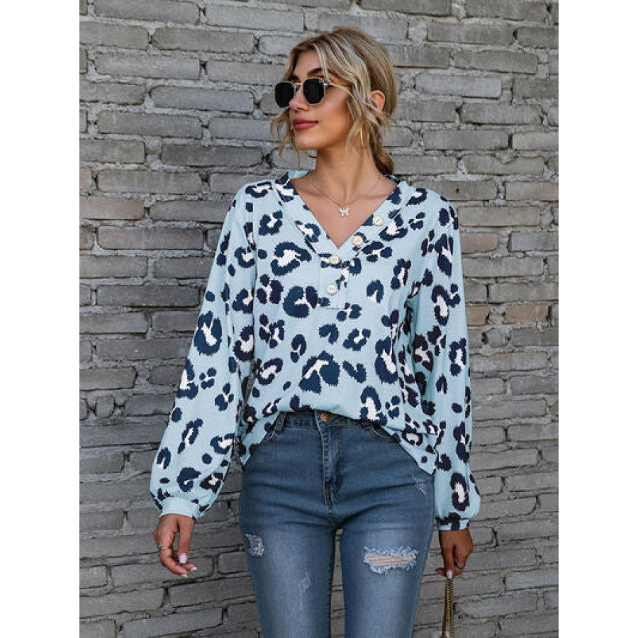 Leopard V-Neck Decorative Button Long Sleeve Blouse Sky Blue / S Clothing