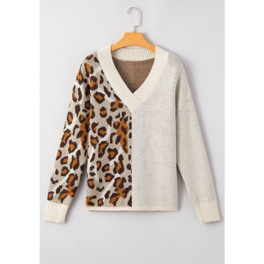 Leopard V Neck Drop Shoulder Sweater Apparel and Accessories