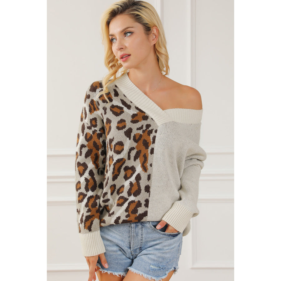 Leopard V Neck Drop Shoulder Sweater Apparel and Accessories