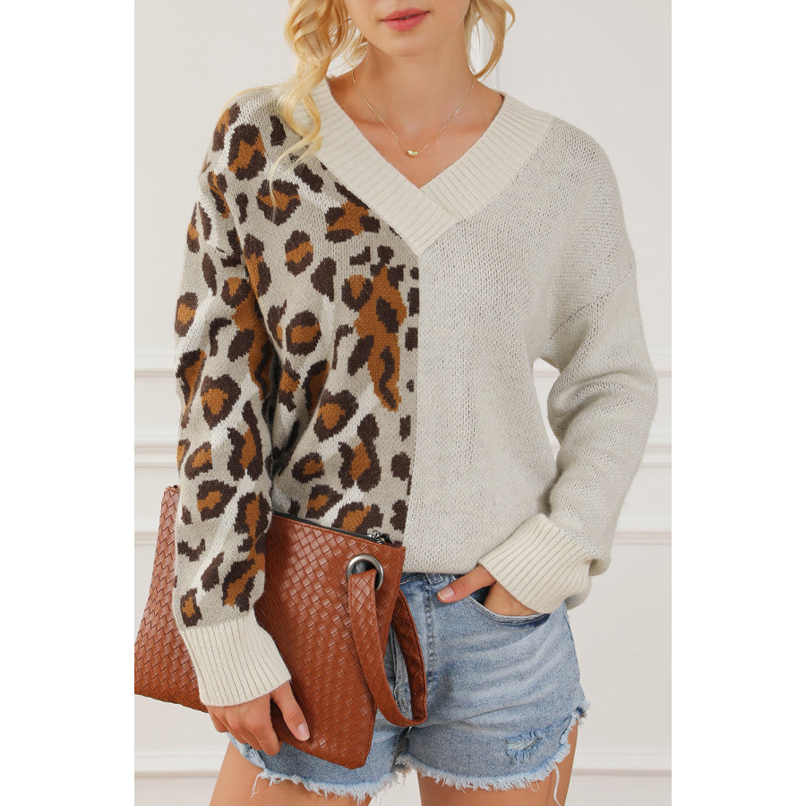 Leopard V Neck Drop Shoulder Sweater Apparel and Accessories