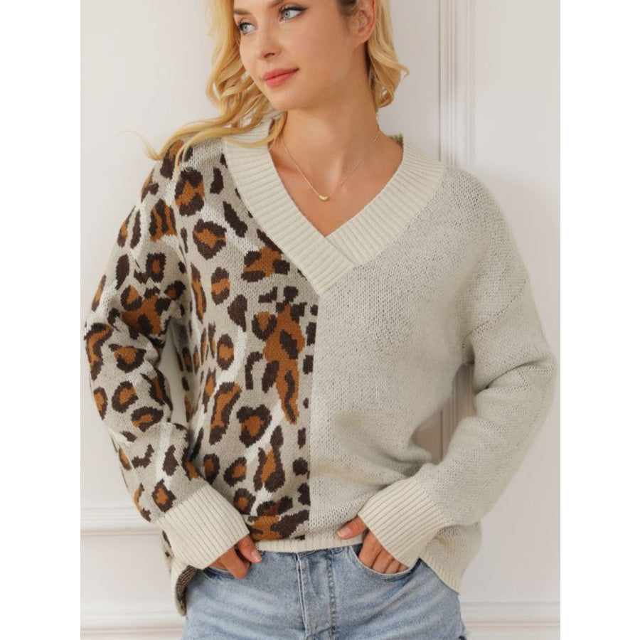 Leopard V Neck Drop Shoulder Sweater Leopard / S Apparel and Accessories