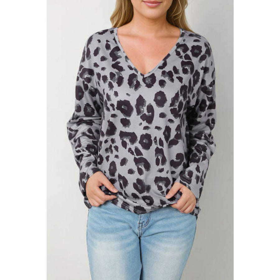 Leopard V - Neck Dropped Shoulder Blouse Charcoal / S Apparel and Accessories