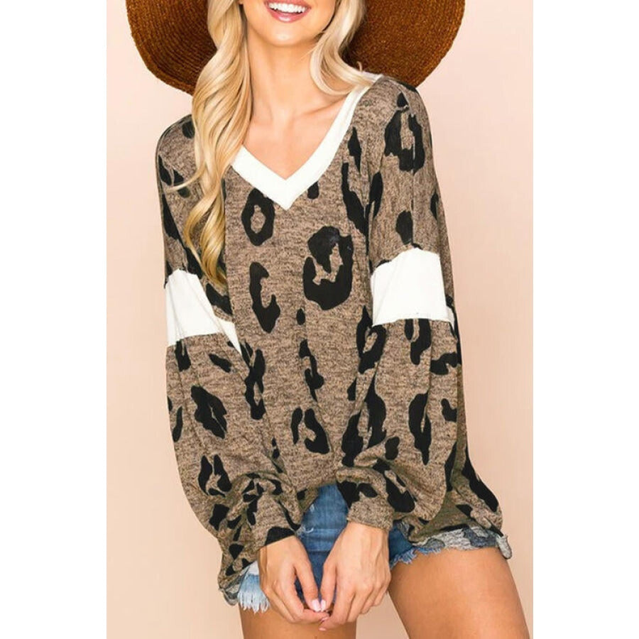 Leopard V-Neck Dropped Shoulder Blouse Leopard / S Shirts &amp; Tops