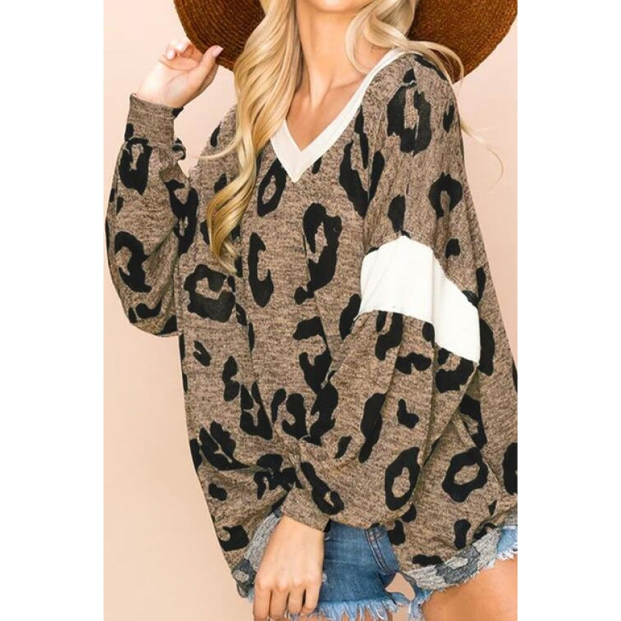 Leopard V-Neck Dropped Shoulder Blouse Shirts &amp; Tops