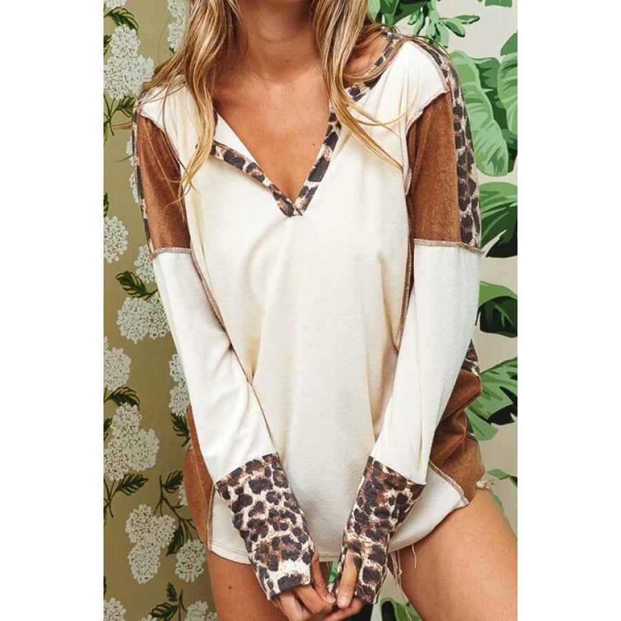 Leopard V-Neck Dropped Shoulder Blouse White / S Shirts &amp; Tops