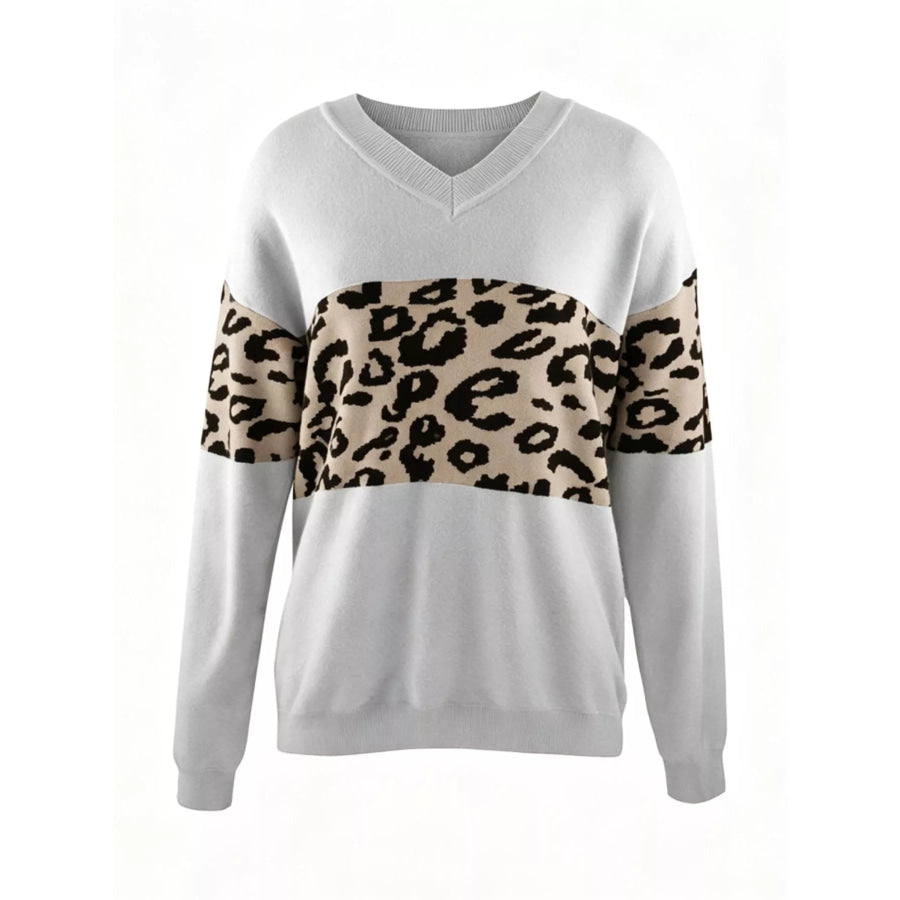 Leopard V-Neck Dropped Shoulder Sweater Grey / S Apparel and Accessories