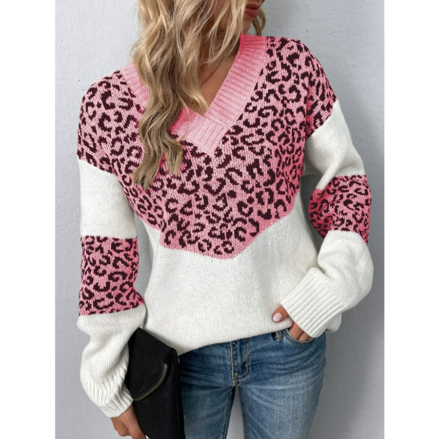 Leopard V-Neck Dropped Shoulder Sweater Blush Pink / S