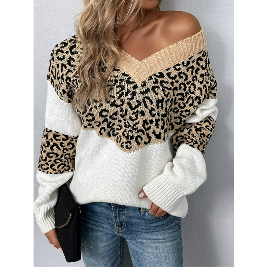 Leopard V-Neck Dropped Shoulder Sweater Camel / S