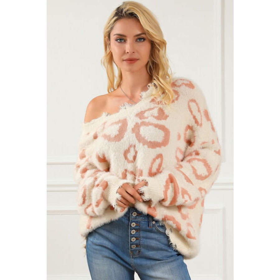 Leopard V-Neck Dropped Shoulder Sweater Clothing